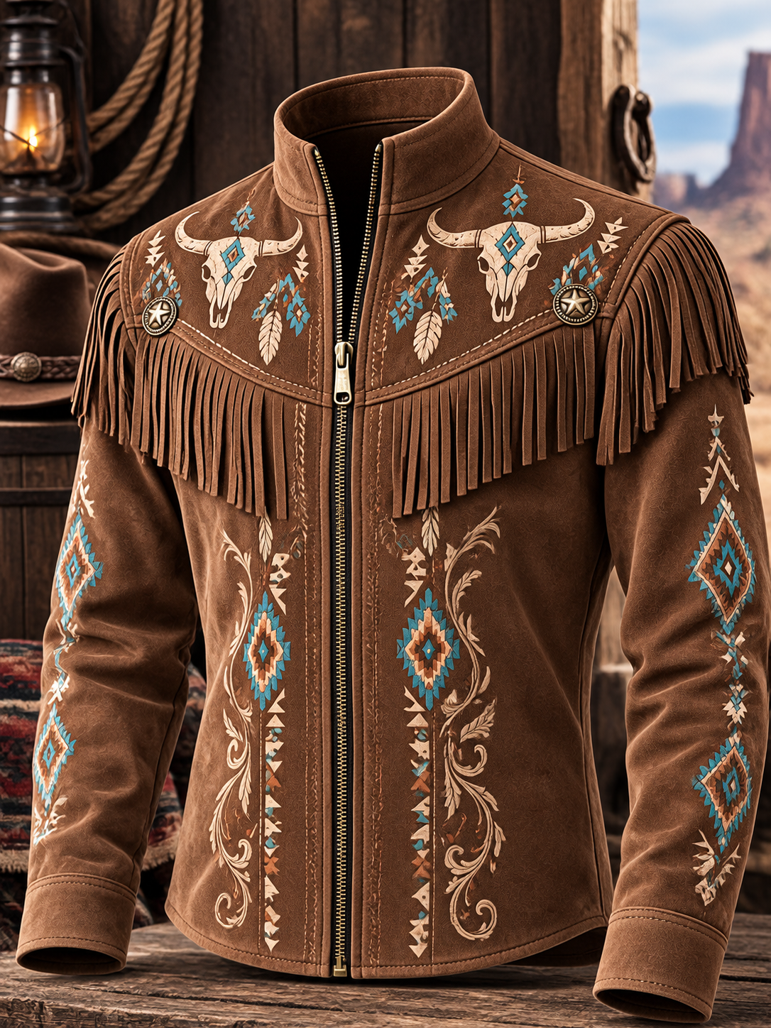 Men's Retro Western Style Print Vintage Tassel Casual Long Sleeve Shirt